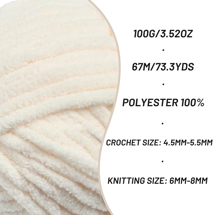 Chunky Chenille Yarn for Crocheting，Baby Yarn for Crocheting Soft Blankets，Bulky Yarns for Crochet Amigurumi，4×100g (4×74.3yds) Fluffy Velvet Yarns for Hand Knitting (4 Light Beige)