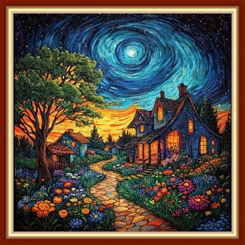Joyhoor Cross Stitch Kits for Beginners Stamped Cross-Stitch Supplies Needlework preprint Embroidery Kits for Adults DIY Needlepoint Kits Embroidery Patterns 11CT-Starry Night Home 18x18 inchs by JoyhoorCrossStitchKits