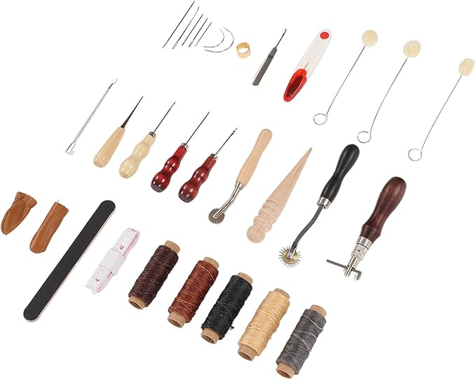 Leather Sewing Kit, Leather Working Tools, Premium DIY Leather Craft Set with Wax Threads Needle Finger Cots Sanding Stick, Stainless Steel Leather Tools for Beginners Professional