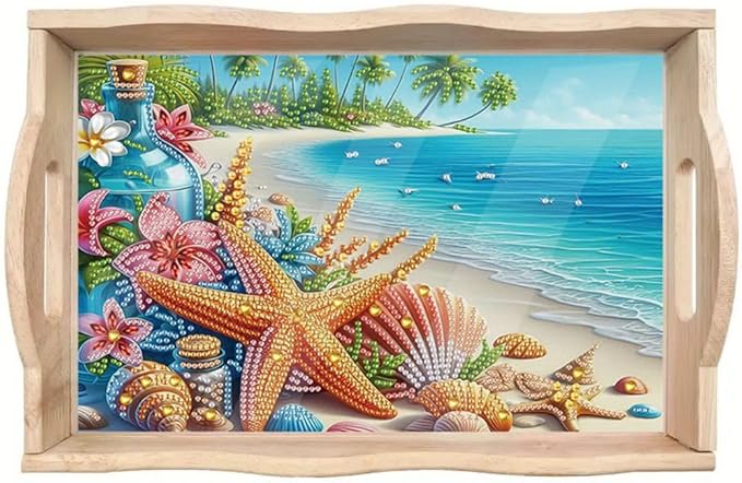 DoxQcs DIY Diamond Art Wooden Food Tray with Handle Diamond Painted Table Decoration Tray for Breakfast Bar Dinner Table Diamonds Art Painting for Beginners-Starfish