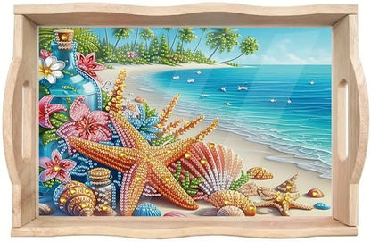 DoxQcs DIY Diamond Art Wooden Food Tray with Handle Diamond Painted Table Decoration Tray for Breakfast Bar Dinner Table Diamonds Art Painting for Beginners-Starfish