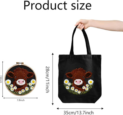 Tote Bag Kits with Pattern Embroidery Kit for Beginners,Starter Cross Stitch Kit,DIY Crafts Kits and Needlepoint,Embroidery Hoops,Color Threads,Women Shopping Canvas Bag,Adult Grocery Bags