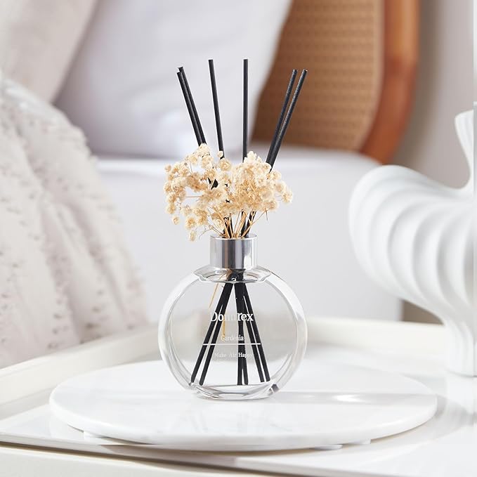 Donurex Flower Reed Diffuser Set 5.07oz Gardenia Scent Diffuser with Sticks Home Fragrance Reed Diffuser for Bathroom Shelf Decor