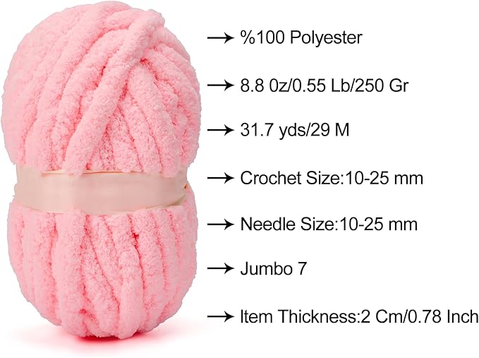 ERLYEEN Chenille Chunky Yarn Super Bulky Soft Thick Fluffy Jumbo Giant Washable Polyester Big Yarn DIY for Arm Knit Blanket Cushion Bed Sofa Home Decor,Light Pink,2.2LB