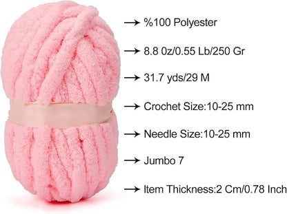ERLYEEN Chenille Chunky Yarn Super Bulky Soft Thick Fluffy Jumbo Giant Washable Polyester Big Yarn DIY for Arm Knit Blanket Cushion Bed Sofa Home Decor,Light Pink,0.55LB
