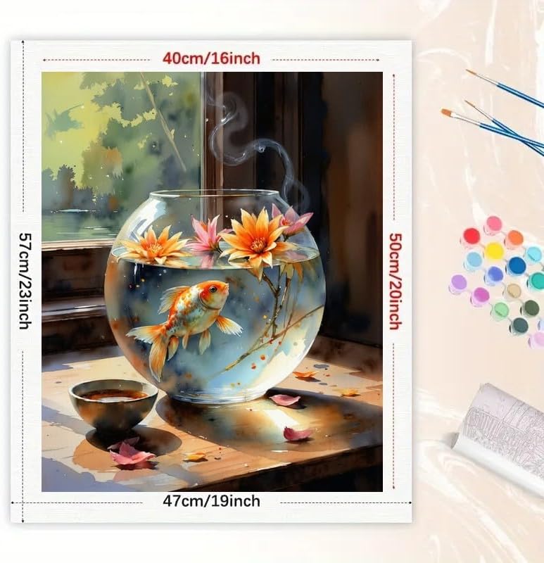 TAOPAOLAB Still Life Paint by Numbers Kit for Adults - DIY Goldfish Bowl and Lotus Flowers Painting on Canvas 16x20 inch, Acrylic Paint Set, Suitable for Beginners, Art for Home Decoration or Gifts - Image 2
