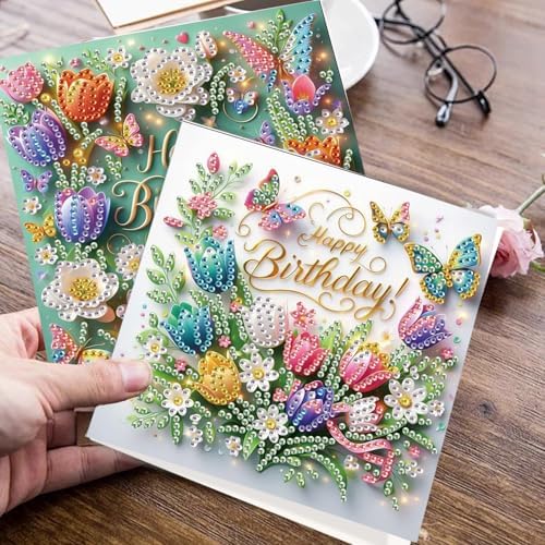 JISHSHAY 6 PCS Diamond Painting Happy Birthday Cards Flower Diamond Art Greeting Cards with Envelopes Tulip Gem Art Gem Painting Embroidery Kit Mosaic Kits for Adults with Special Shape Drills - Image 6