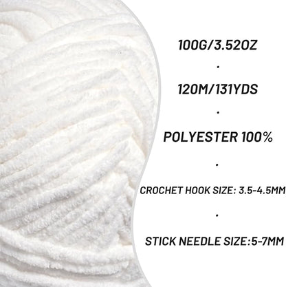 3 Pack Plush Chunky Chenille Yarn for Crocheting, Soft Fluffy Velvet Yarn for Crocheting, Fuzzy Baby Blanket Knitting Yarn, 300g/393yds Bulky Amigurumi Yarns（3 Snow White）
