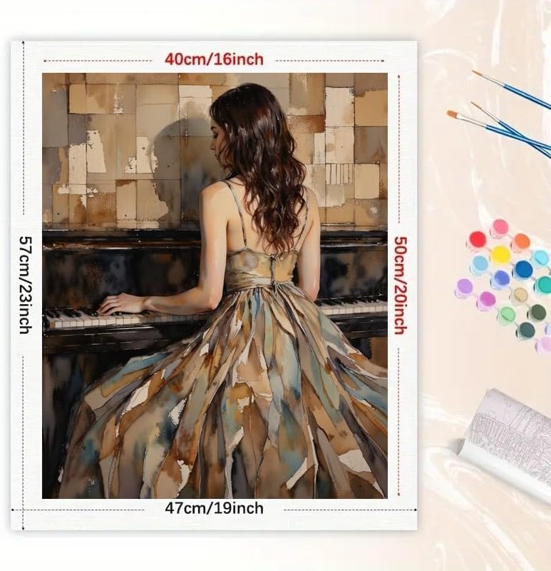Elegant Pianist Paint by Numbers Kit for Adults – DIY Woman in Brown Dress Playing Piano Painting on Canvas 16x20 Inch, Acrylic Paint Set, Suitable for Beginners, Art for Decoration or Gifts - Image 2
