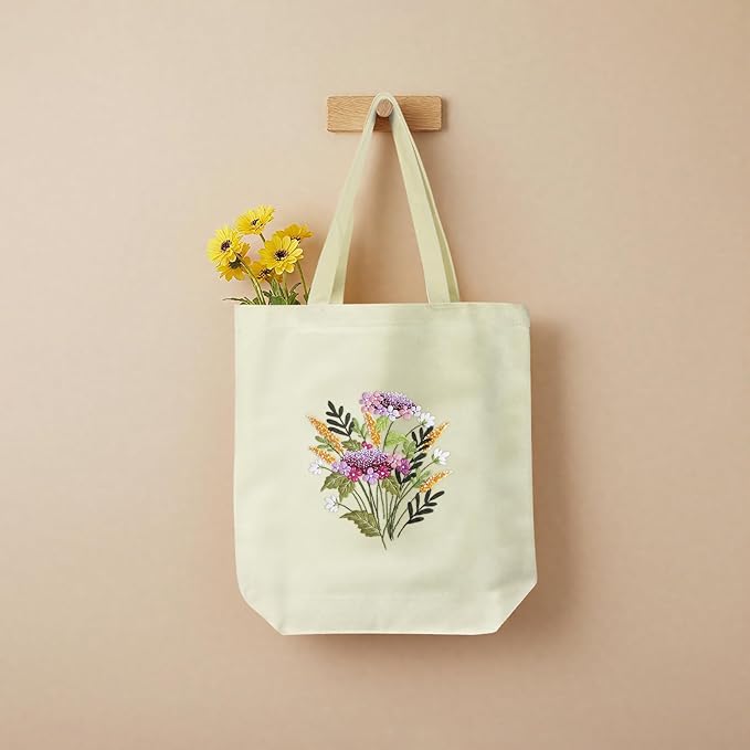 ERKOON Canvas Tote Bag Embroidery Kit for Beginners, Floral Arts Crafts Cross Stitch Kits for Adults Including Stamped Embroidery Bag with Hoops, Needle, Instruction and Color Threads(Colorful Time)