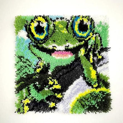 veirousa Naughty Frog Latch Hook Kits for Adults, Beginners DIY Crochet Pillow Kit Pre-Printed Pillowcase Hook and Latch Rug Kits Needlework Cushion Cover for Home Sofa Decoration 17x17 inch
