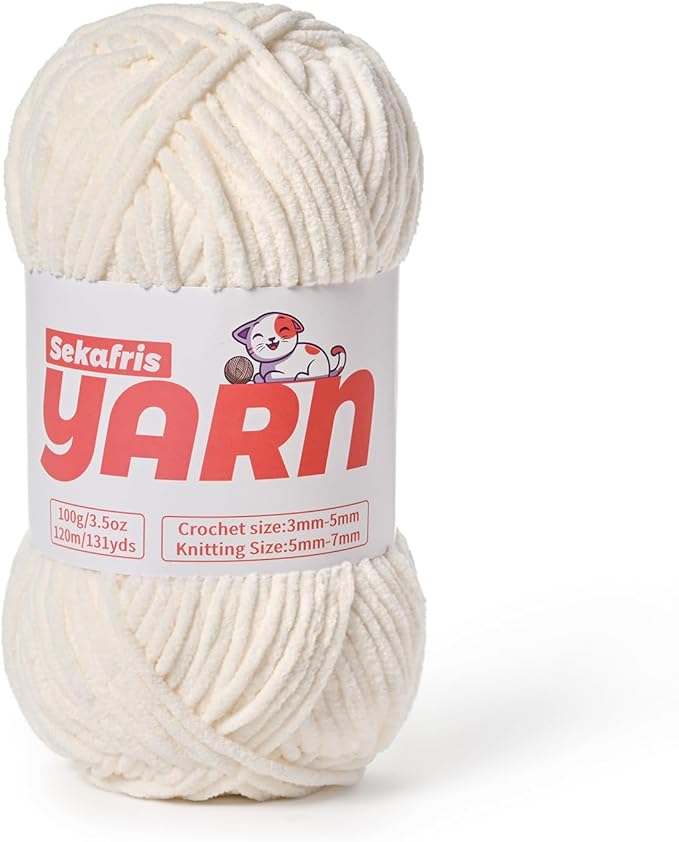 Plush Chunky Chenille Yarn for Crocheting, Soft Fluffy Velvet Yarn for Crocheting, Fuzzy Baby Blanket Knitting Yarn, 100g/131yds Bulky Amigurumi Yarns（White）