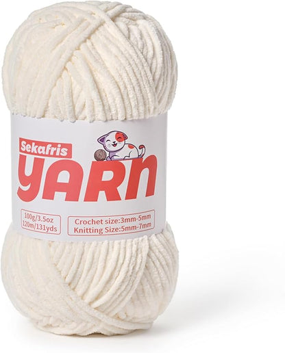 Plush Chunky Chenille Yarn for Crocheting, Soft Fluffy Velvet Yarn for Crocheting, Fuzzy Baby Blanket Knitting Yarn, 100g/131yds Bulky Amigurumi Yarns（White）