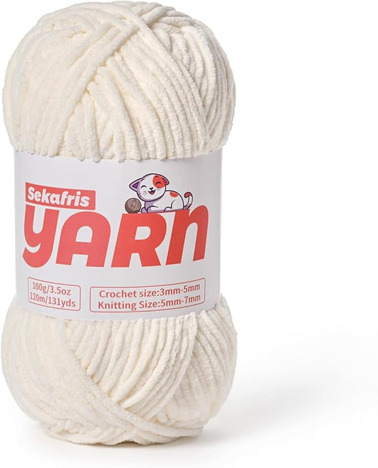 Plush Chunky Chenille Yarn for Crocheting, Soft Fluffy Velvet Yarn for Crocheting, Fuzzy Baby Blanket Knitting Yarn, 100g/131yds Bulky Amigurumi Yarns（White）