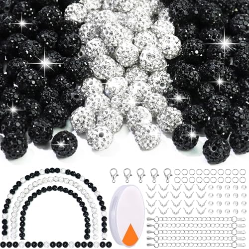 Dowarm 255PCS 10mm Rhinestone Beads for Baseball Rhinestone Necklace Bracelet Jewelry Making, Round Polymer Clay Beads for Crafts Beaded Pen, Shamballa Clay Pave Disco Diamond Bead, Black|White by Dowarm