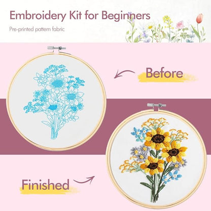 5 Pack embroidery kit for beginners Adults DIY Starter Kit,Sunflower Gifts for Women Cross Stitch Kits with Flower Stamped Patterns, Embroidery Hoop, Tools,Colorful Threads,Hand Craft Lover Gift