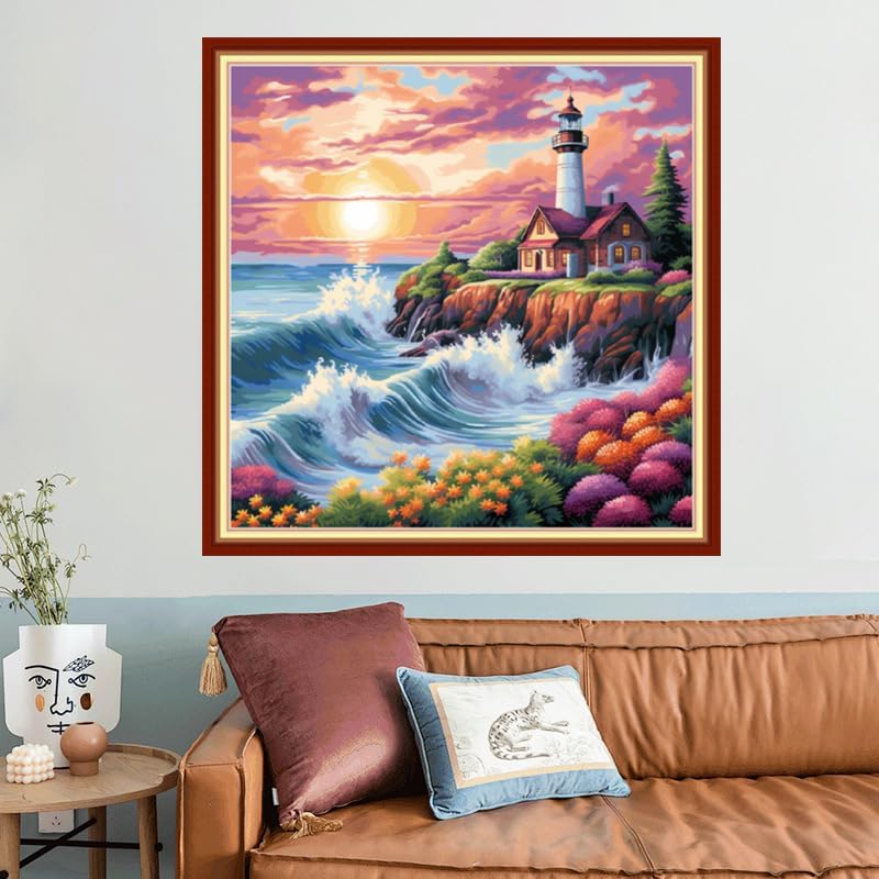 Joyhoor Stamped Cross Stitch Kits for Beginners, Needlepoint Kits for Adults, 11CT Counted Embroidery Kits-Seaside Lighthouse 18x18 inchs - Image 2