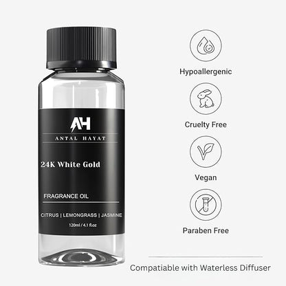 24K Diffuser Essential Oil Scent - Luxury Hotel Inspired Aromatherapy Scent Diffuser Oil - Hints of Zesty Citrus, Floral Jasmine, & Delicate Lily - for Essential Oil Diffusers - 120mL