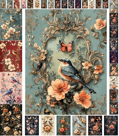 Decoupage Paper Pack (35 Sheets 6"x8") Birdsong Beauty: Graceful Birds Perched Among Floral Arrangements, accompanied by Butterflies, Creating a Harmonious, Vintage-Inspired Nature Scene FLONZ by FLONZCRAFT