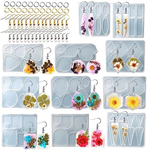 Attuslla 11 PCS Resin Earring Molds Silicone Jewelry Earring Molds Epoxy Resin Molds DIY Craft with Ear Hooks, Jump Rings for DIY Women Earrings, Pendants, Rings, Jewelry Craft Supplies by Attuslla