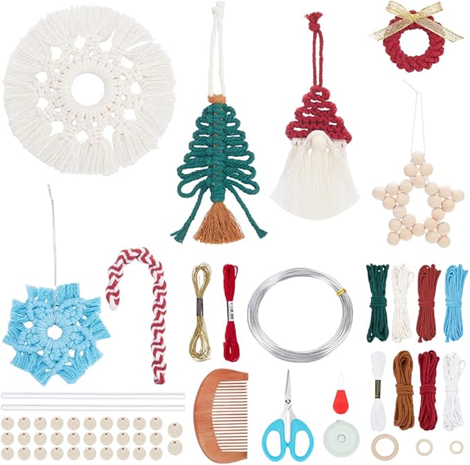 FREEBLOSS 9 Set DIY Macrame Christmas Oranments Macrame Xmas Gnomes Macrame Christmas Tree Macrame Hanging Ornament Kit Macrame Kits for Adults Beginners Macrame Supplies for Christmas Crafts