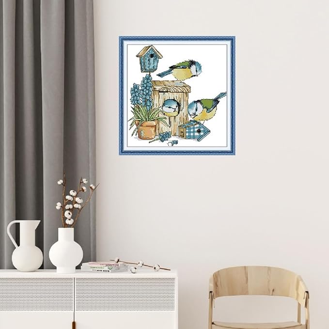 Qeerysew Cross Stitch Kits Stamped Full Range of Embroidery Starter Kits for Beginners DIY - Printed Kit Mockingbird House (Printed) 14CT11.4x11.8 inches