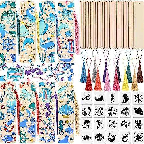 TaoBary 92 Pcs 4.8 x 1.3 Inch Ocean Wood Bookmark Making Kit Includes 36 Unfinished Blank Bookmarks 36 Tassels 20 Templates, Back to School DIY Painting Craft for Home Class Holiday Teachers Gift by TaoBary