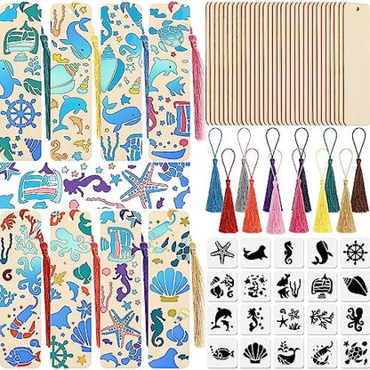 TaoBary 92 Pcs 4.8 x 1.3 Inch Ocean Wood Bookmark Making Kit Includes 36 Unfinished Blank Bookmarks 36 Tassels 20 Templates, Back to School DIY Painting Craft for Home Class Holiday Teachers Gift by TaoBary