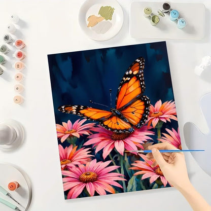 Butterfly Art Paint by Numbers Kit for Adults - DIY Monarch Butterfly on Pink Daisies Painting on Canvas, Acrylic Paint Set, Suitable for Beginners, Art for Home Decoration or Gifts(8X12IN Framed) - Image 3