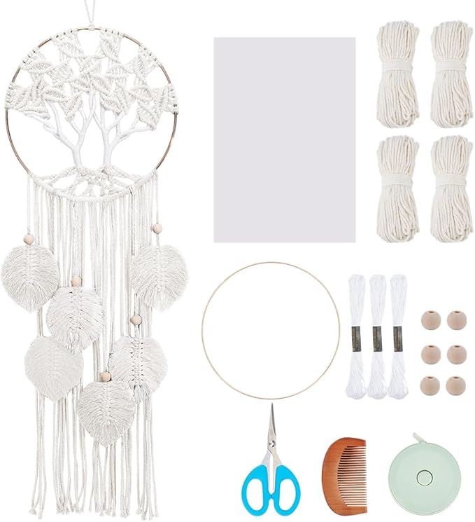 ACRNIGHEET Tree of Life Dream Catcher Macrame Kit for Adults Beginners Macrame Leave Wall Hanging Decor with Video Tutorials Handmade Woven Boho Home Decor for Bedroom Dorm Decoration(Beige Series)