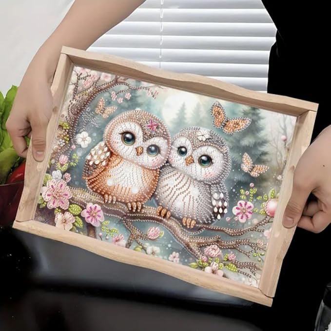 DoxQcs DIY Diamond Art Wooden Food Tray with Handle Diamond Painted Table Decoration Tray for Breakfast Bar Dinner Table Diamonds Art Painting for Beginners-Owl