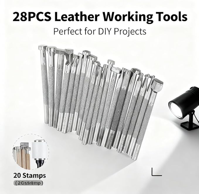 Leather Working Tools Set 28PCS, DIY Leather Craft Stamping and Carving Kit, Wood and Nylon Handle - Complete Leather Crafting Kit, Comfortable Grip, Ideal for Beginners and