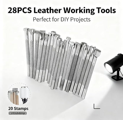 Leather Working Tools Set 28PCS, DIY Leather Craft Stamping and Carving Kit, Wood and Nylon Handle - Complete Leather Crafting Kit, Comfortable Grip, Ideal for Beginners and