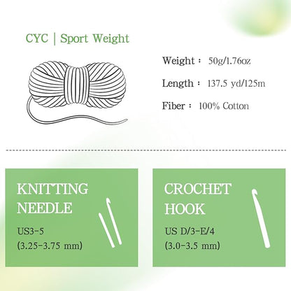 Katech 1OO% Cotton Yarn for Crocheting & Knitting–12-Color of 137 Yards/1.76 oz Baby Cotton Yarn Sport Weight CYC #2-Soft & Breathable-Ideal for Dishcloths, Baby Clothes, Potholders(G)