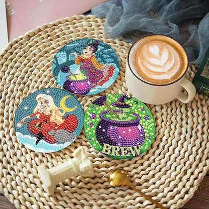 6 Pcs Diamond Paintings Coasters Kits with Holder, DIY Halloween Coaster Diamond Art Kits, Full Drill Rhinestone Painting Kits for Adults, Beginners Art Craft Supplies - Image 2