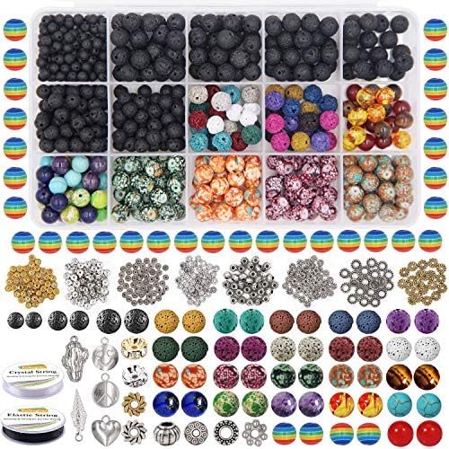 EuTengHao 702Pcs Lava Beads Stone Rock Beads Rainbow Striped Beads Kit with Chakra Beads Cloisonne Beads Spacer Beads Bracelet String Cord for Diffuser Essential Oils Adult Jewelry Making Supplies by EuTengHao
