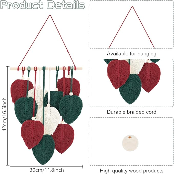 FREEBLOSS DIY Christmas Color Macrame Leaf Kit Macrame Leaf Wall Hanging Bohemian Leaf Tapestry Decor Macrame Kit for Beginners Handmade Feather Wall Decorations for Bedroom Dorm
