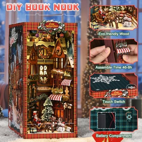 DIY Miniature House Kit, Mini House Building Kit, DIY Book Nook Kit, Tiny Model House for Adults to Build, Beginner 3D Wooden Book Nook, for Family Friends (Christmas Corner) - Image 4