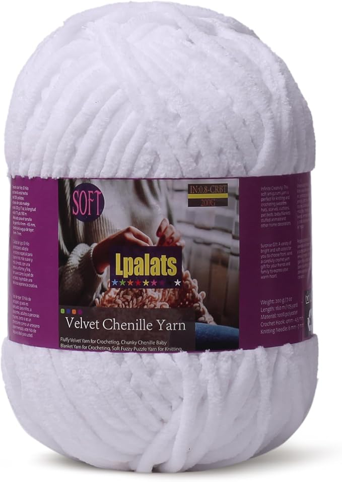 Baby Blanket Yarn for Crocheting - 1 Pack of 200g/7oz Chunky Chenille Yarn for Knitting Blankets Amigurumi - #6 Super Bulky - 174 Yards Soft Thick Plush Yarns (1, White)