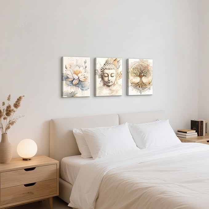 WENGTIAO 3Pcs Zen Canvas Wall Art Prints Beige Tree of Life Wall Paintings Buddha Lotus Pictures Posters Religious Spiritual Meditation Room Decor for Living Room Bedroom Spa Office 12x16x3Pcs