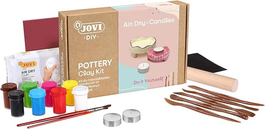 Jovi - DIY Air Dry Kit & Candles - Pottery Kit for Adults, Making Candle Holders with White Air Dry Clay + Paints, Sculpting Tools, Step-by-Step Guide and Video Tutorial, Starter Set for Beginners