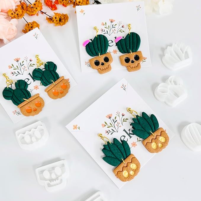 Xaekicr Halloween Cactus Polymer Clay Cutters – 6Pcs Skull Plant Clay Earring Cutters for DIY Halloween Jewelry – Cute Clay Tools for Polymer Clay Crafts