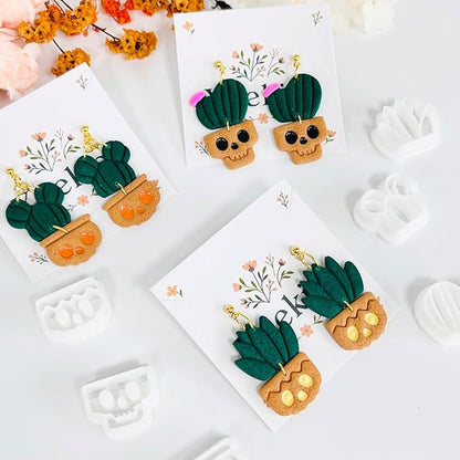 Xaekicr Halloween Cactus Polymer Clay Cutters – 6Pcs Skull Plant Clay Earring Cutters for DIY Halloween Jewelry – Cute Clay Tools for Polymer Clay Crafts