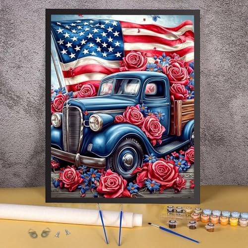 RICUVED Truck Paint by Numbers for Adults, Independence Day Paint by Numbers Kit for Adults Beginners, Flowers DIY Acrylic Flag Oil Painting on Canvas Easy for Gift Home Wall Decor 16x20 Inch - Image 2