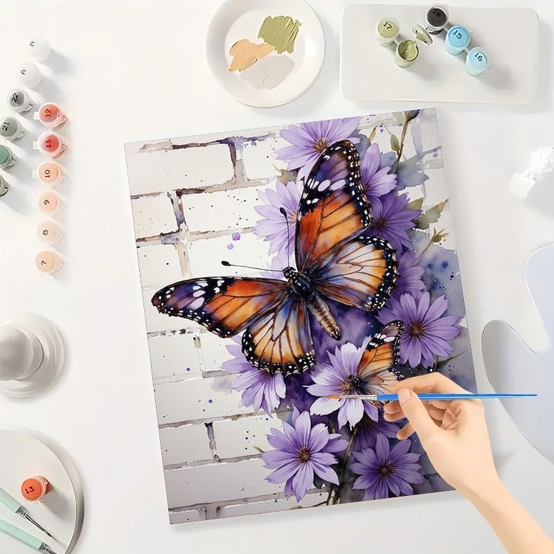 Butterfly Paint by Numbers Kit for Adults - DIY Monarch Butterflies and Purple Flowers Painting on Canvas 16x20 Inches, Acrylic Paint Set, Suitable for Beginners, Art for Home Decoration or Gifts - Image 3