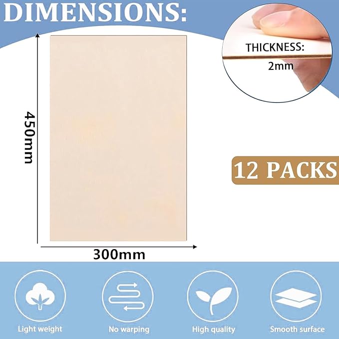 12 Pack Basswood Sheets for Crafts 12x18 Inch,2mm Basswood for Laser Cutting & Engraving, Drawing,Wood Burning, Unfinished Plywood Sheets for DIY Ornaments and Architectural Model (12x18x2mm)