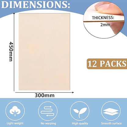 12 Pack Basswood Sheets for Crafts 12x18 Inch,2mm Basswood for Laser Cutting & Engraving, Drawing,Wood Burning, Unfinished Plywood Sheets for DIY Ornaments and Architectural Model (12x18x2mm)