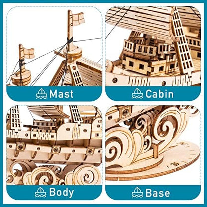 RoWood 3D Wooden Puzzle for Adults, Vintage Wooden Watercraft Model Sailboat Kit to Build, Best Gift Ideas Crafts Kit for Adults - Sailling Ship - Image 5