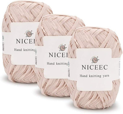 NICEEC 3 Packs Kraft Paper Yarn- Soft Raffia Ribbon Yarn for Crocheting & Knitting, Polyester, DIY Weaving - Total 474yds, 5.3oz - Light Pink