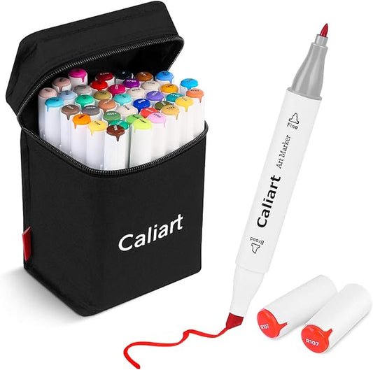Caliart Art Markers, 41 Colors Alcohol Based Markers Pen Set Colored Dual Tip Fine & Chisel Permanent for Adults Coloring Book Drawing Illustration Sketch Highlighters Card Making